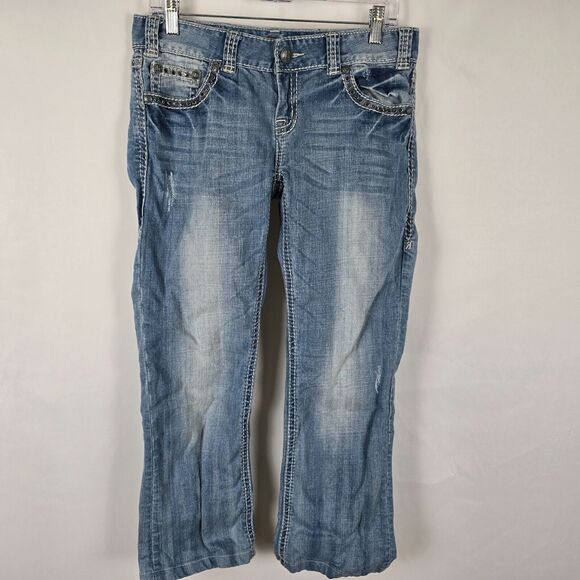 Rock and Roll Cowgirl Jeans Women's 29 x 32 ** Blue Low Rise Boot Cut Distressed - Picture 1 of 16